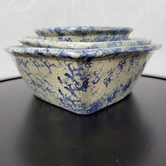 Vintage 3 pcs Set Heart Shaped Nesting Bowls White Blue Sponge Paint Pottery Art - Picture 6 of 16